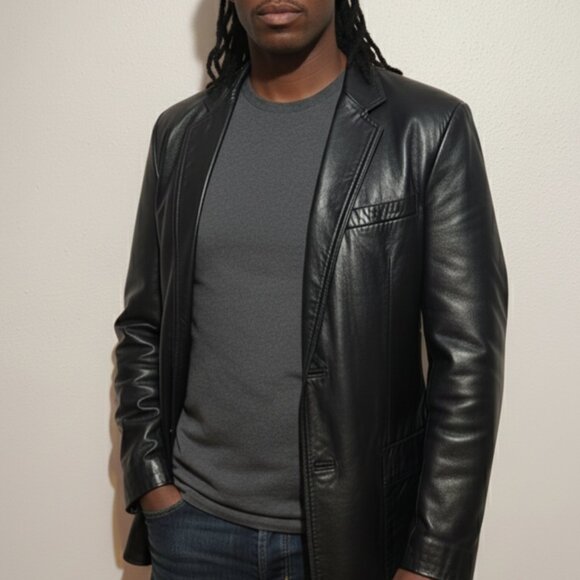 Y2K Vintage Bermans Black Mens Genuine Leather Blazer 2 Pocket 2 Button Size 42 - Picture 1 of 16